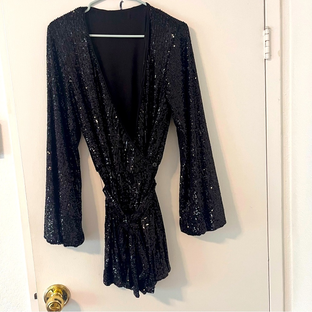 Free People Black Sequin Long Sleeve Wrap Dress Size Medium